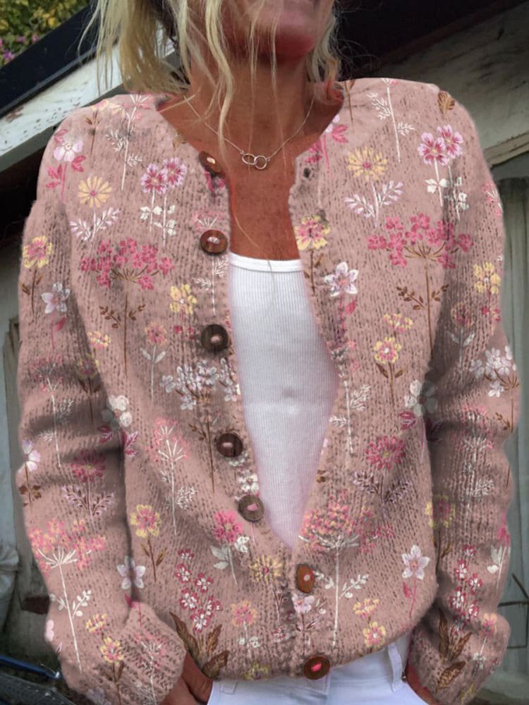 Gebreide Damescardigan met Bloemen en Knopen
