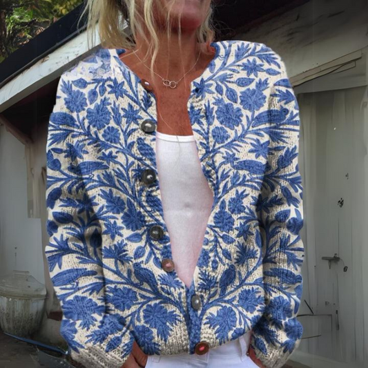 Gebreide Damescardigan met Bloemen en Knopen