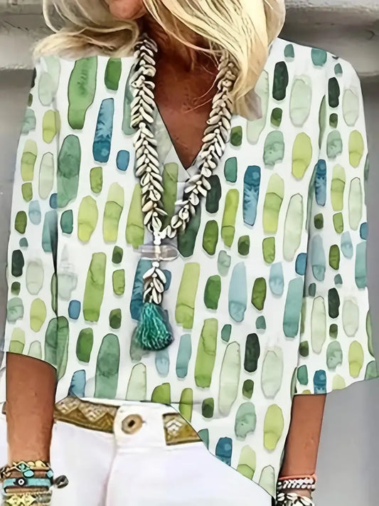 Geometrische V-hals Blouse met 3-kwart Mouwen