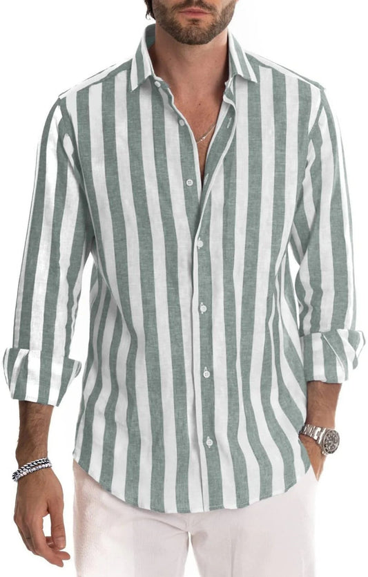 Gestreept Linnen Herenshirt Lange Mouwen Byron