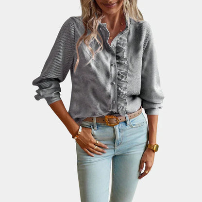 Gestreepte Damesblouse met Ruches en Knoopsluiting
