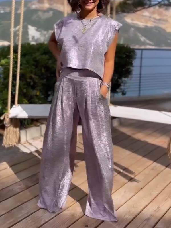 Glanzend Damesvest en Wijde Broek Set