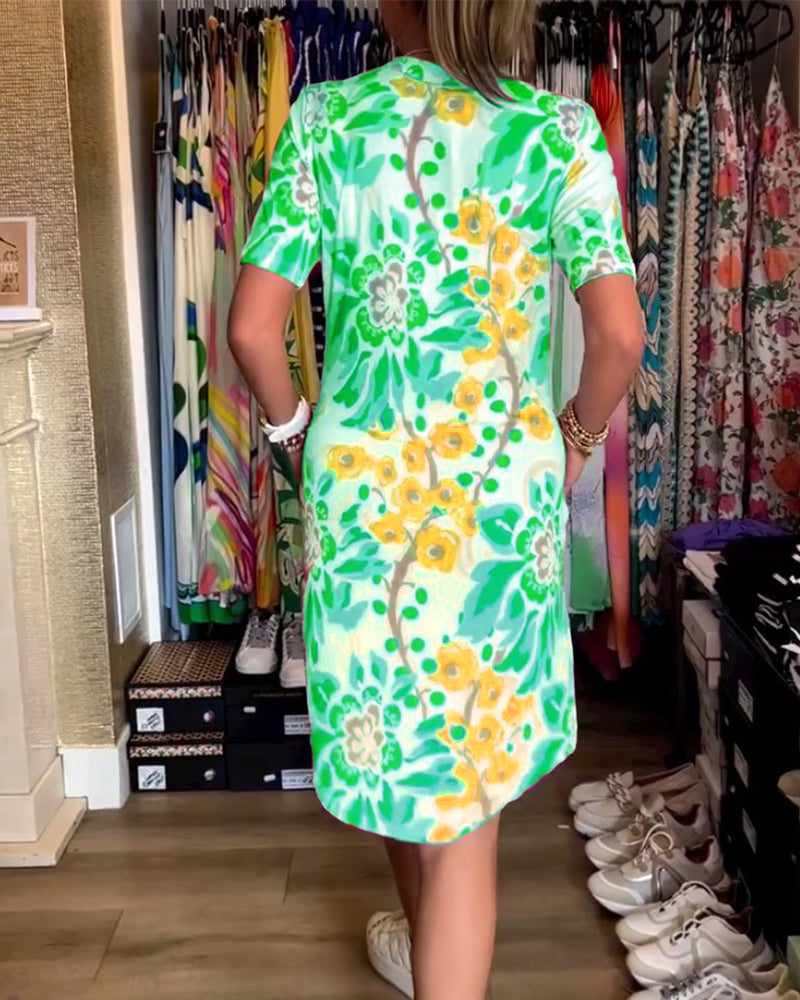 Jurk met Bloemenprint en Korte Mouwen