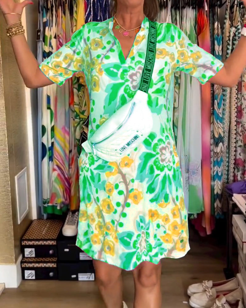 Jurk met Bloemenprint en Korte Mouwen