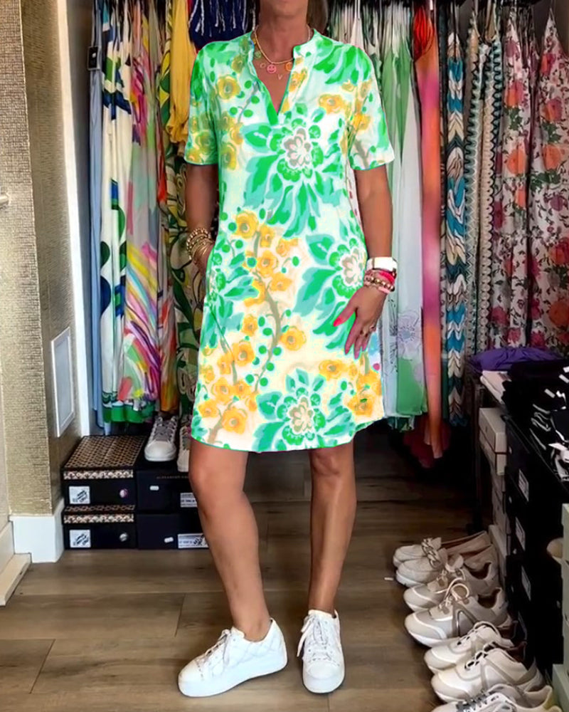 Jurk met Bloemenprint en Korte Mouwen