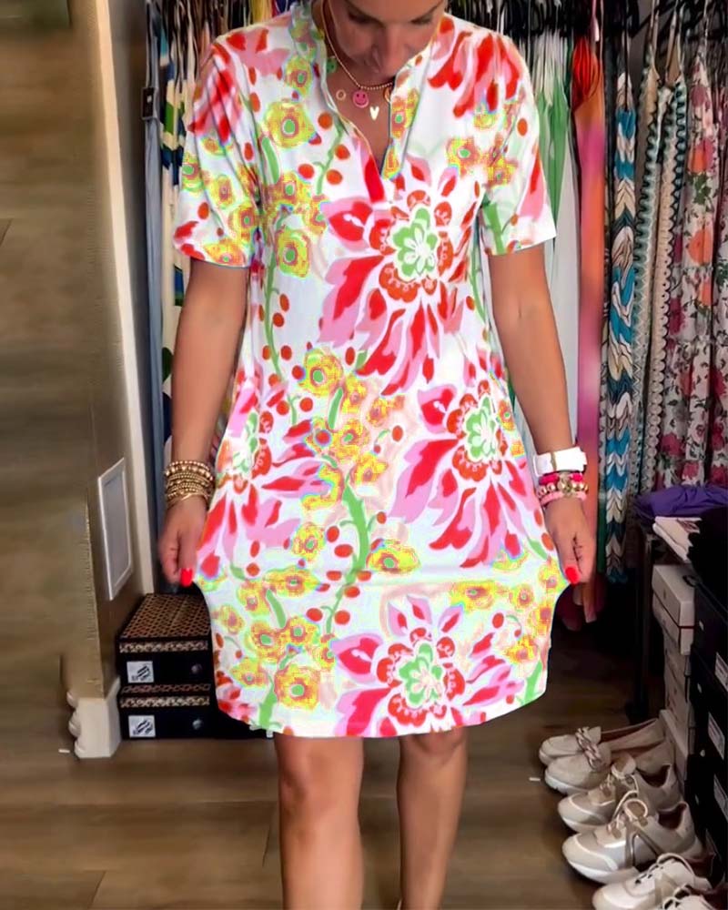 Jurk met Bloemenprint en Korte Mouwen