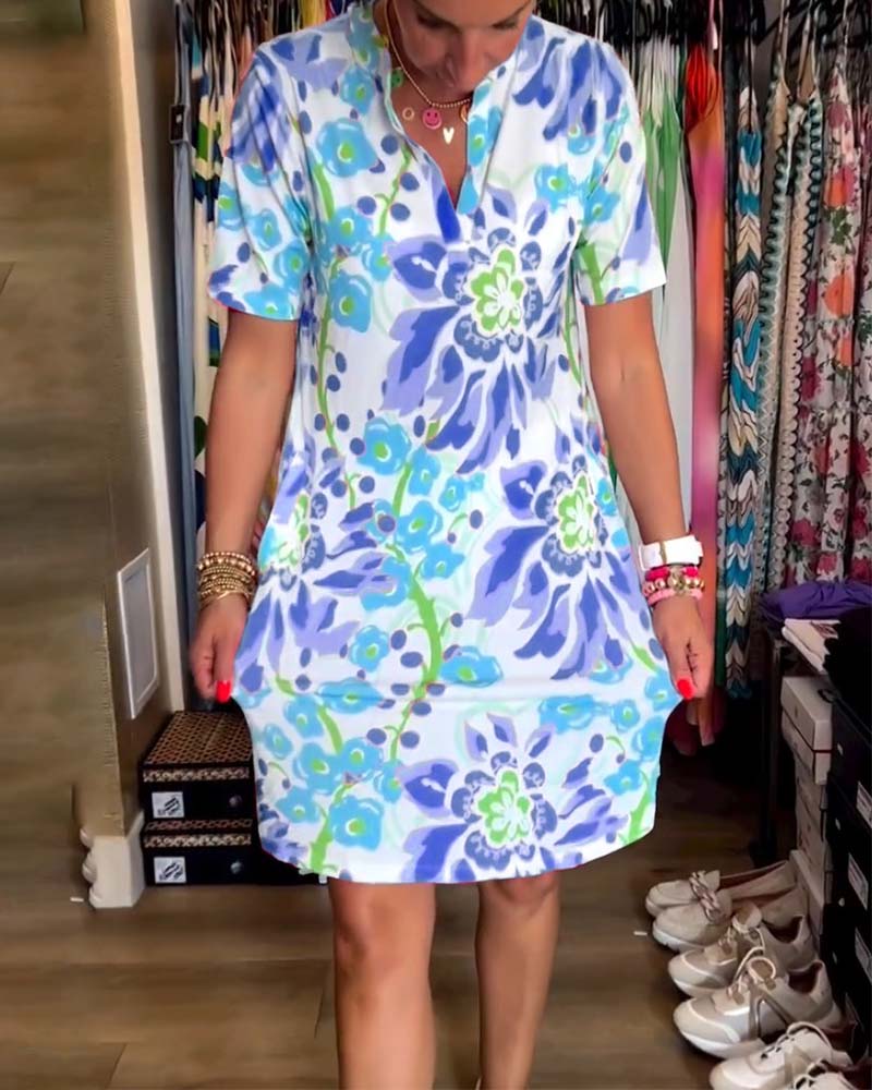 Jurk met Bloemenprint en Korte Mouwen
