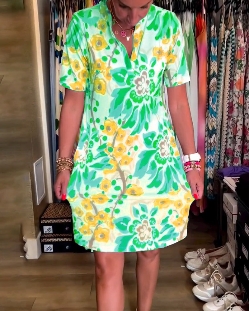 Jurk met Bloemenprint en Korte Mouwen