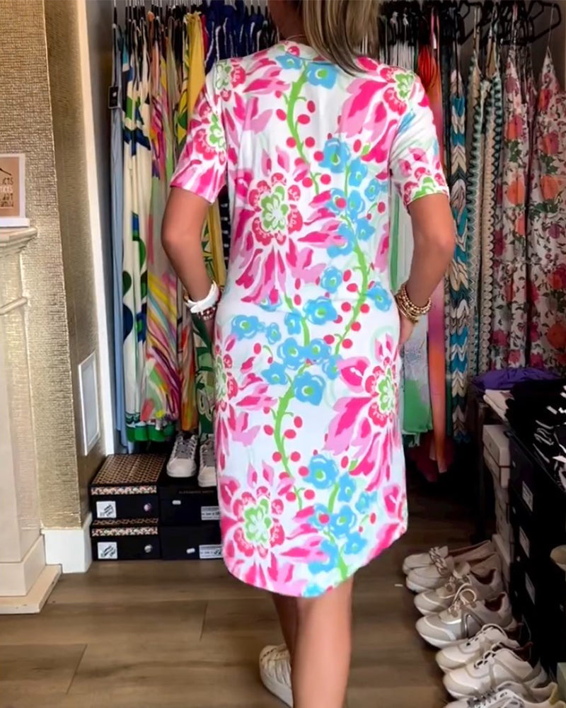 Jurk met Bloemenprint en Korte Mouwen