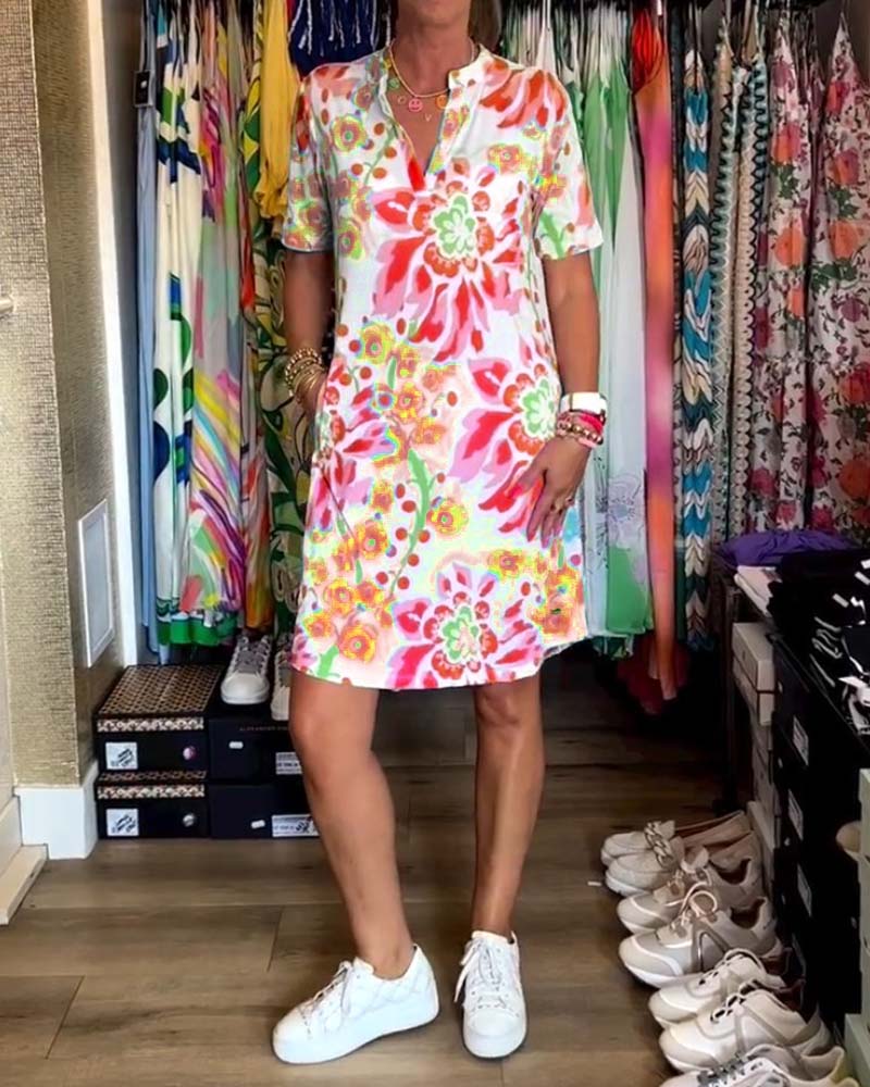 Jurk met Bloemenprint en Korte Mouwen