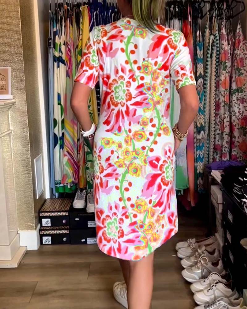Jurk met Bloemenprint en Korte Mouwen