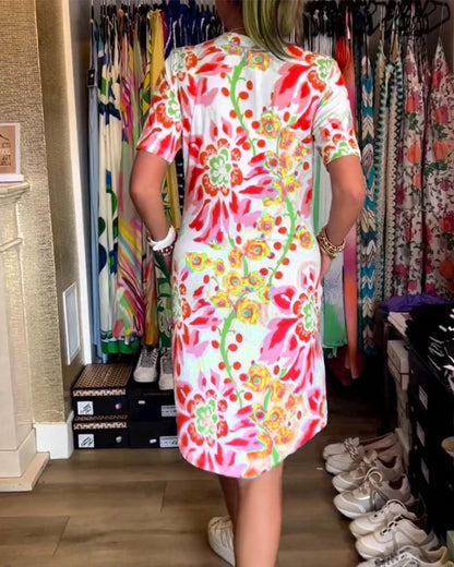 Jurk met Bloemenprint en Korte Mouwen