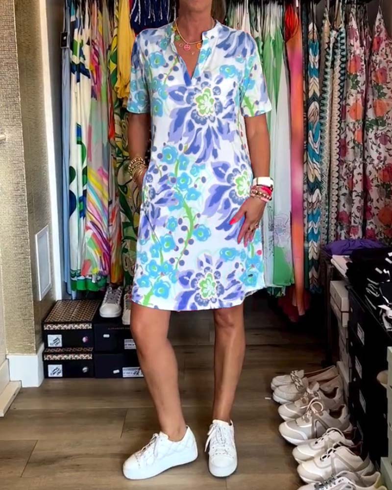 Jurk met Bloemenprint en Korte Mouwen