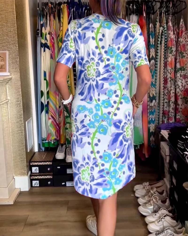 Jurk met Bloemenprint en Korte Mouwen