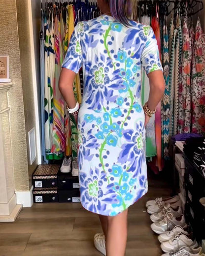 Jurk met Bloemenprint en Korte Mouwen