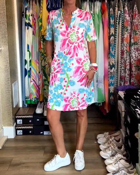 Jurk met Bloemenprint en Korte Mouwen