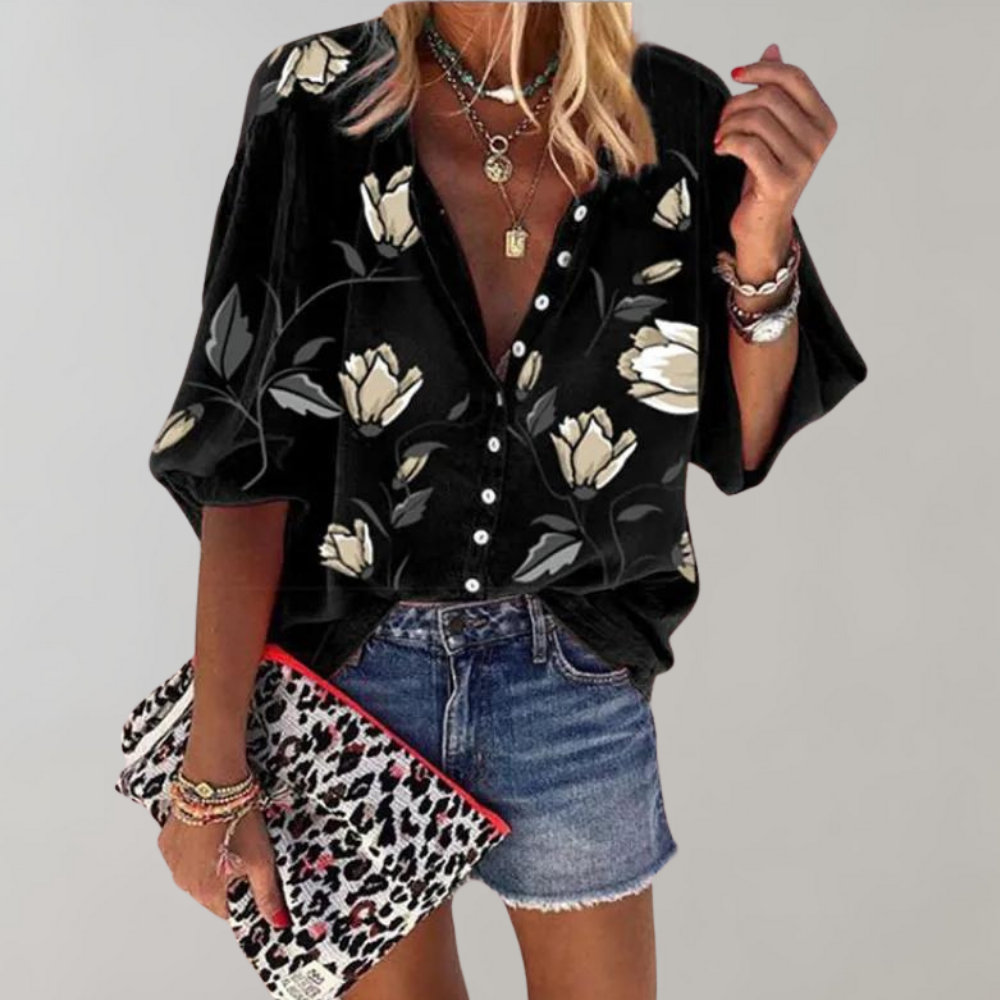 Losvallende Print Blouse met Opstaande Kraag