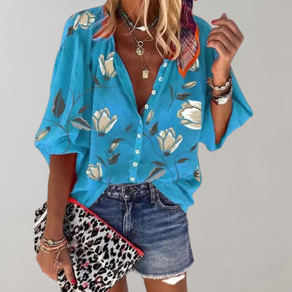 Losvallende Print Blouse met Opstaande Kraag
