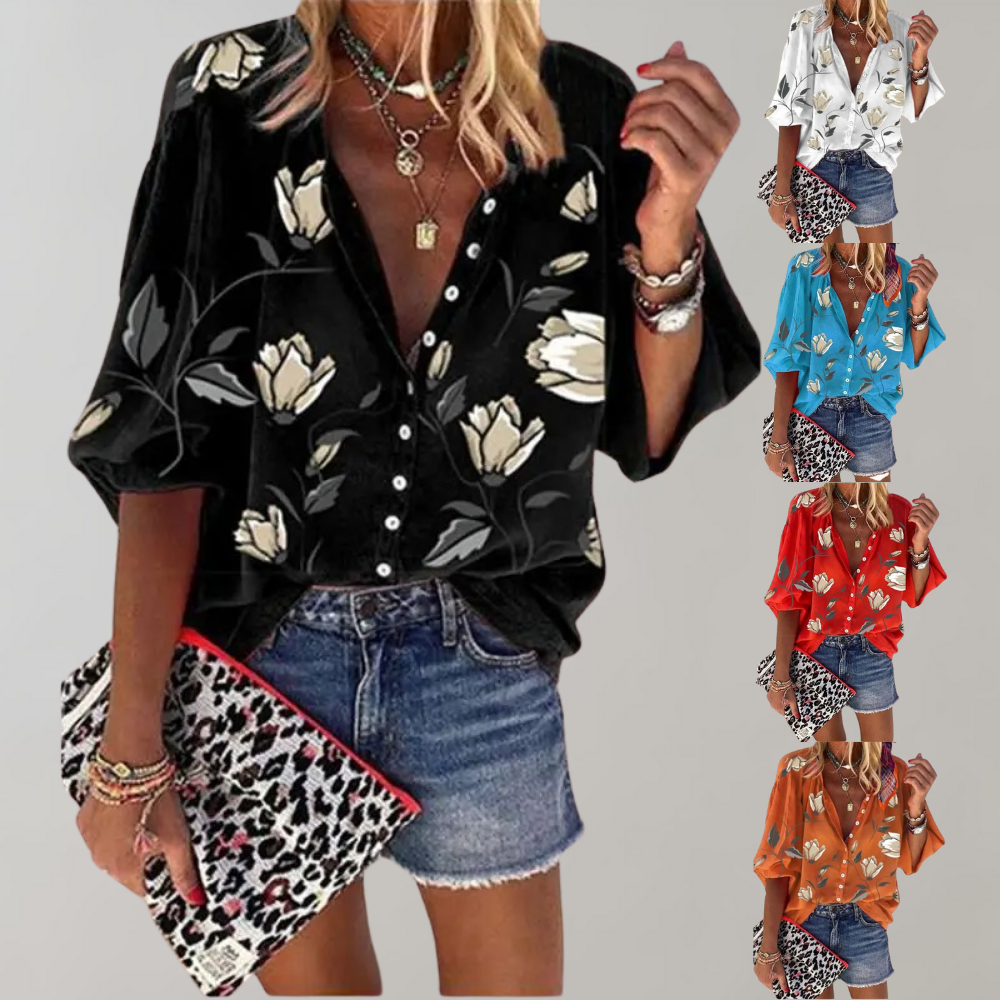 Losvallende Print Blouse met Opstaande Kraag