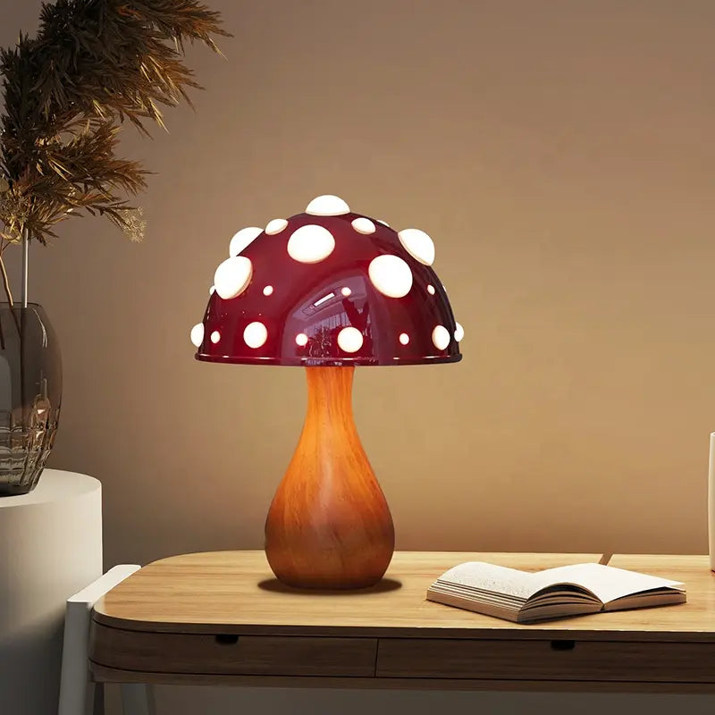 Magische Paddenstoel Sfeerlamp met Houten Voet