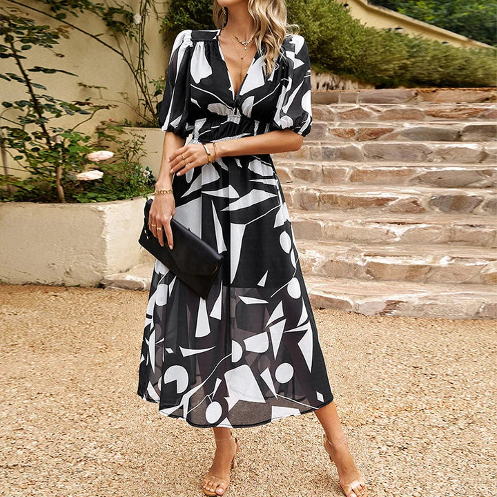 Midi-jurk Olivia met V-hals en pofmouwen
