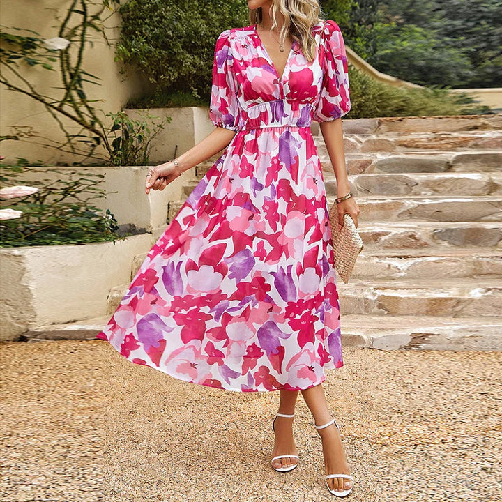 Midi-jurk Olivia met V-hals en pofmouwen