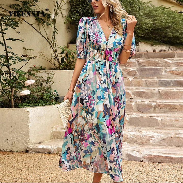 Midi-jurk Olivia met V-hals en pofmouwen