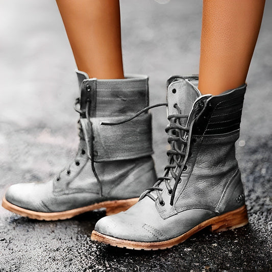 Retro Leren Veterlaarzen Dames - Stijlvol Comfort