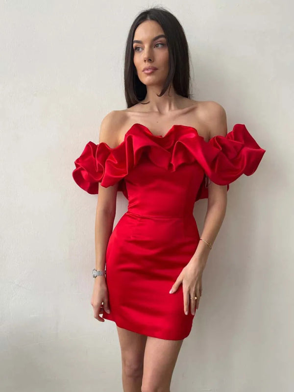 Satijnen Off-Shoulder Jurk met Ruches