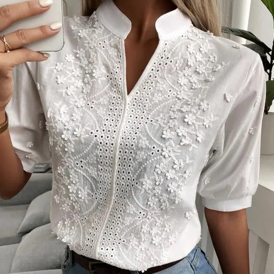 Tess - Elegante Damesblouse Korte Mouwen Wit
